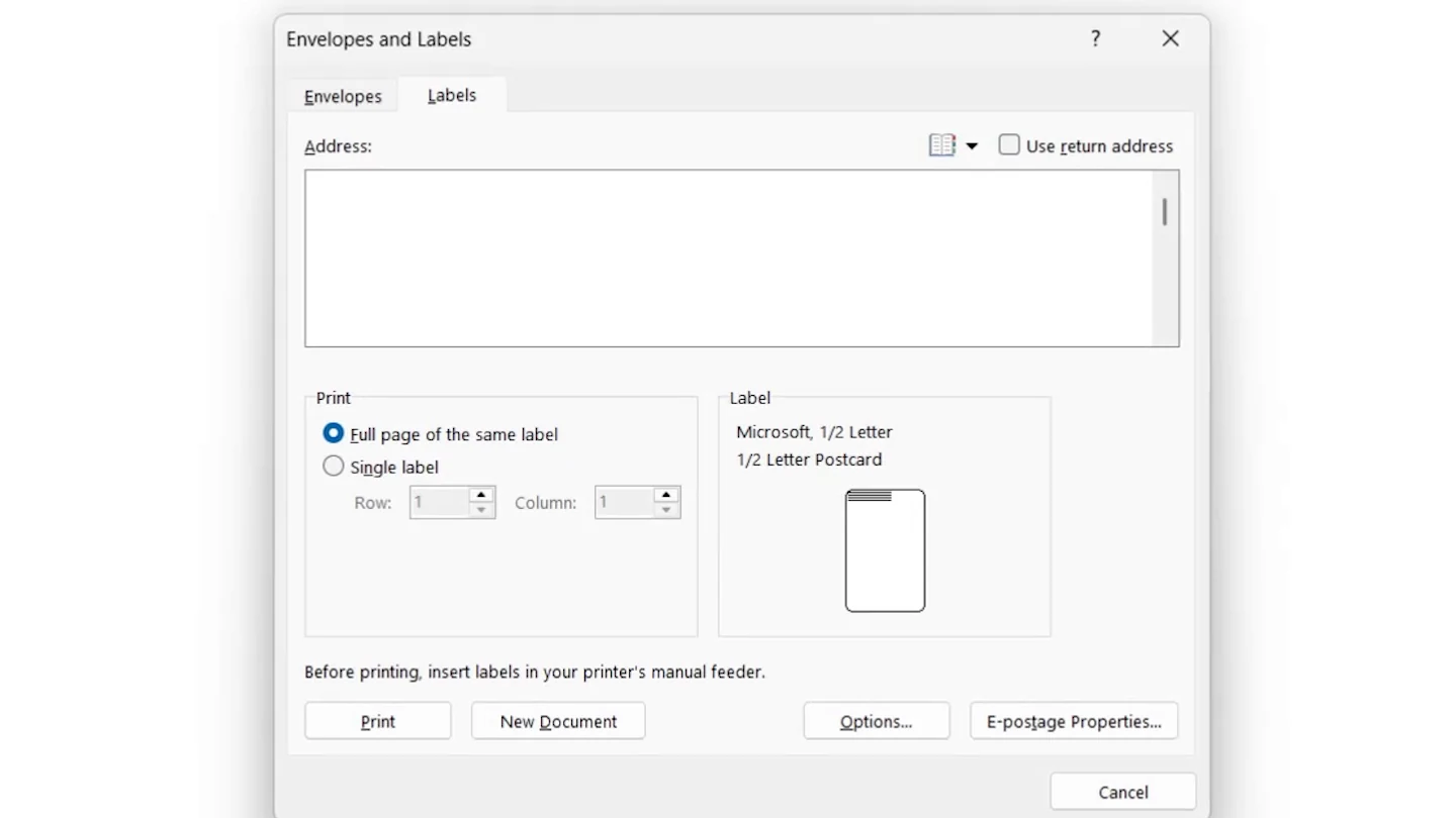 Envelopes and Labels window in Word