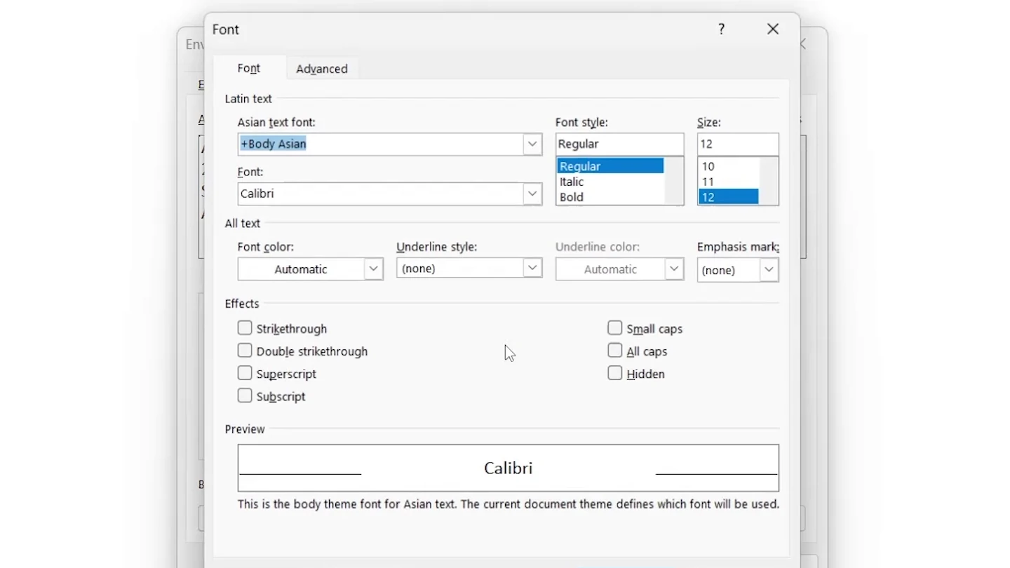 Font dialog for label text in Word