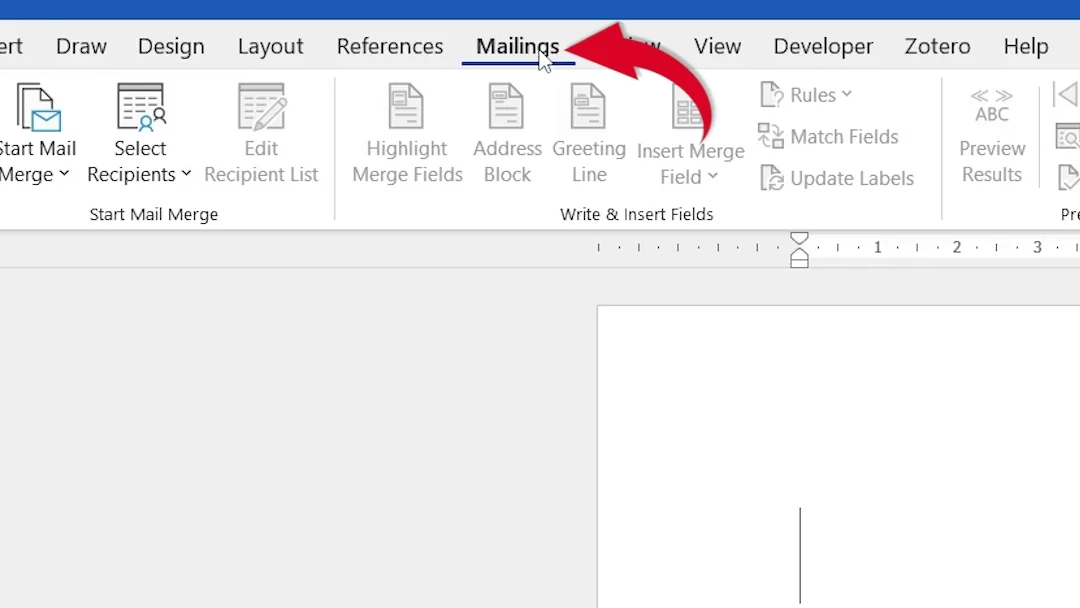 Mailings tab selected in Word to make labels in Word