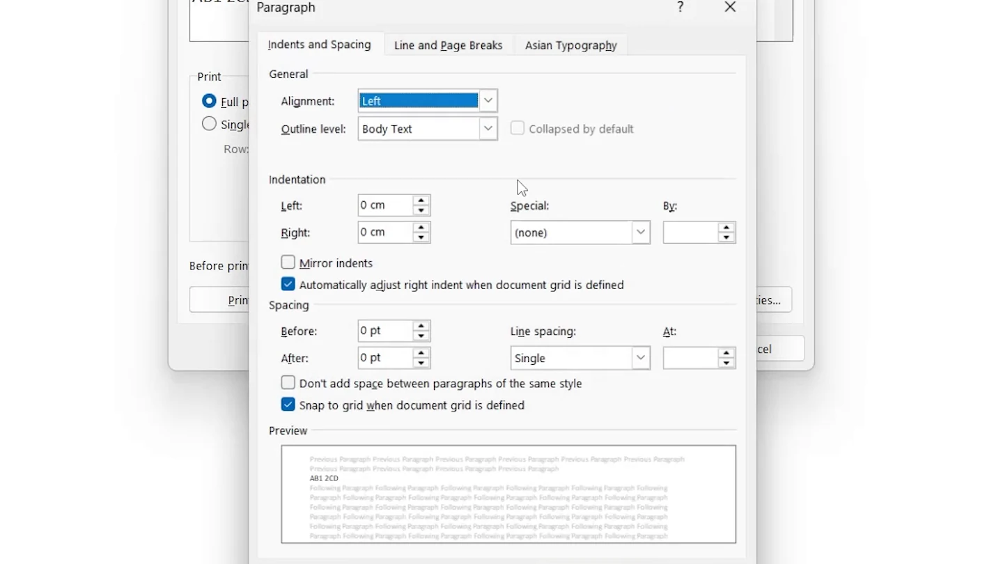 Paragraph dialog for label spacing in Word