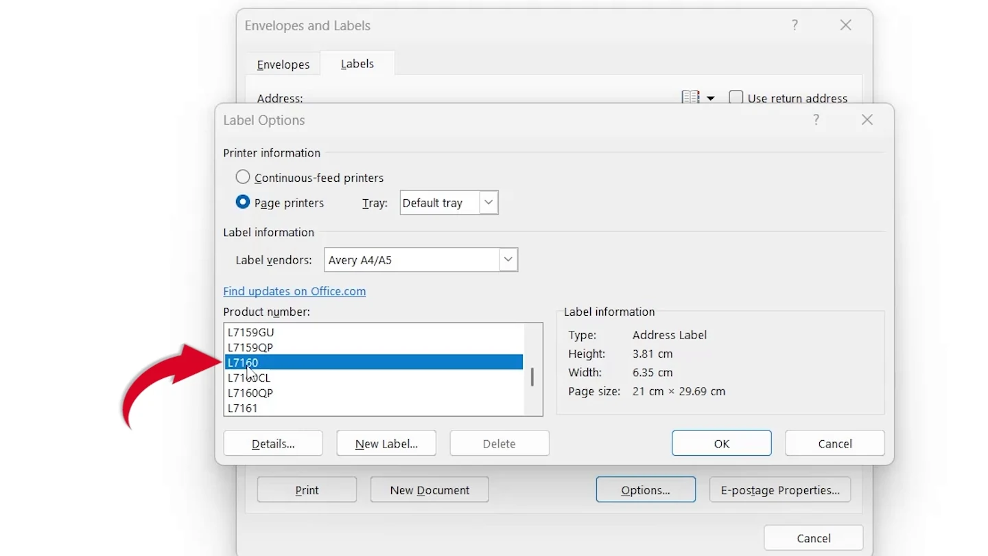 Product number L7160 selected in Word Label Options