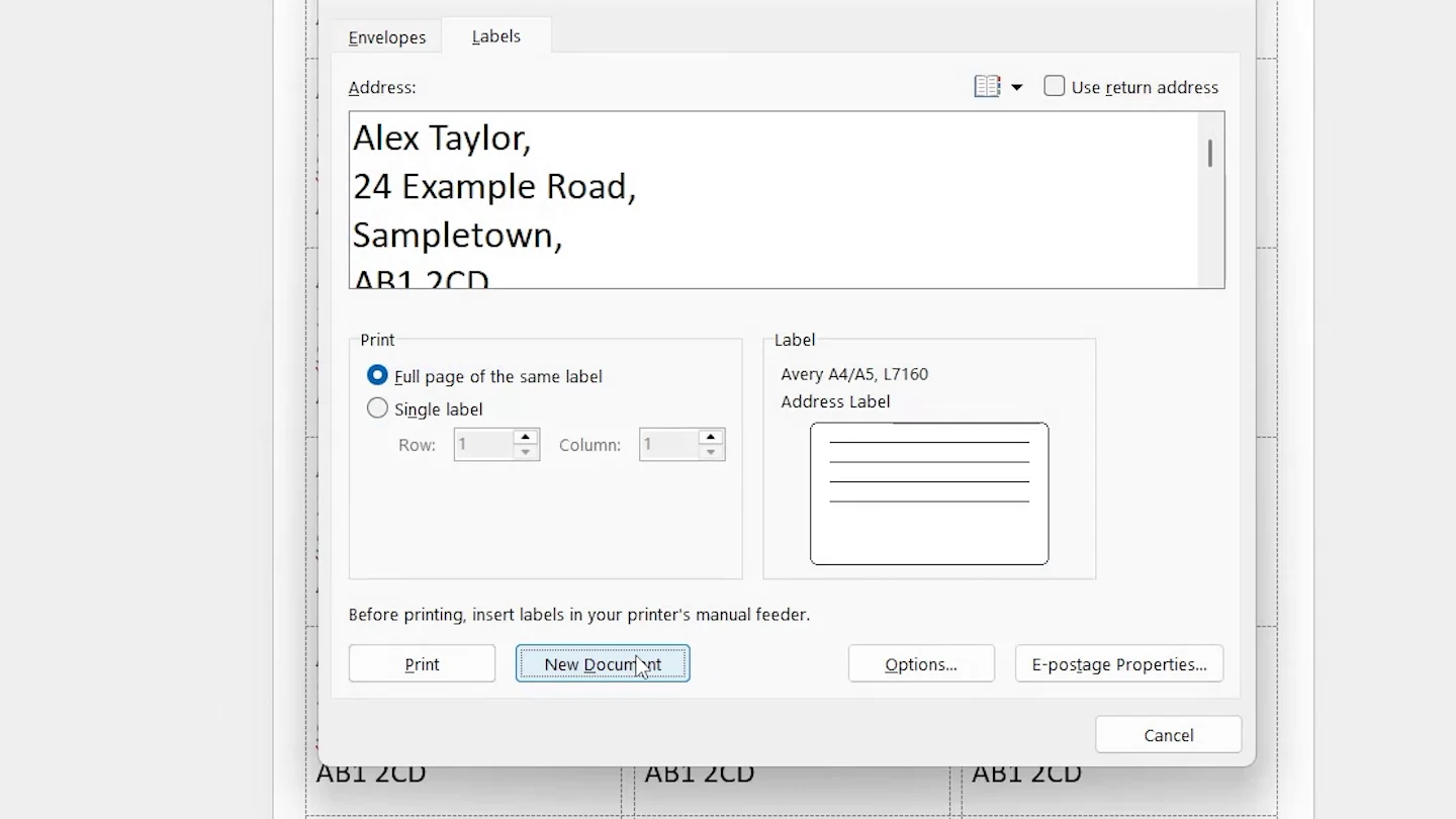 Envelopes and Labels window opened again to check the label settings