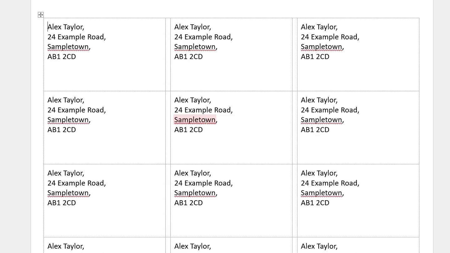 Sheet of address labels created in Word