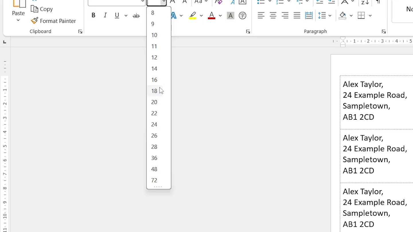 Font size list used to make the label text bigger in Word