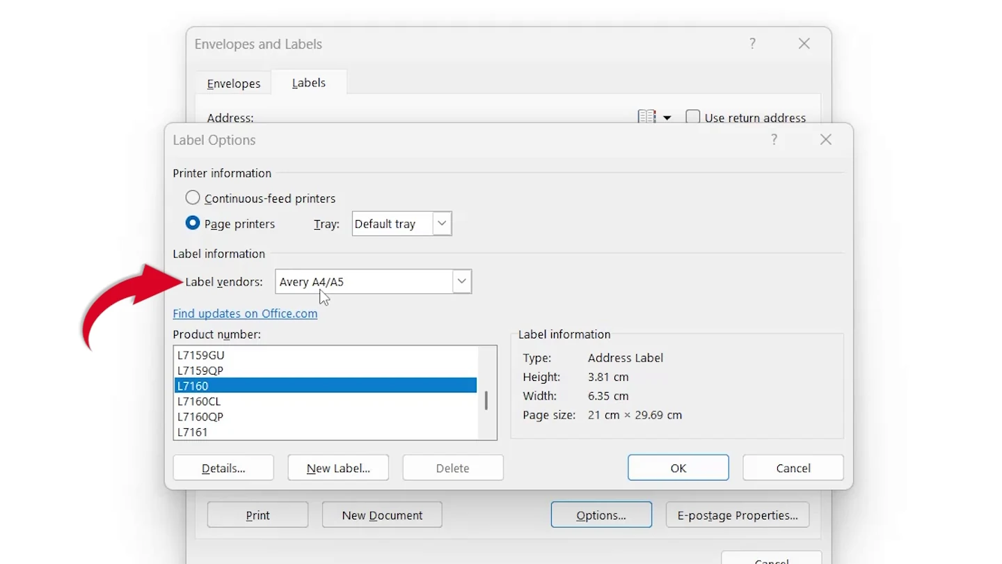 Label vendors set to Avery A4/A5 in Word Label Options