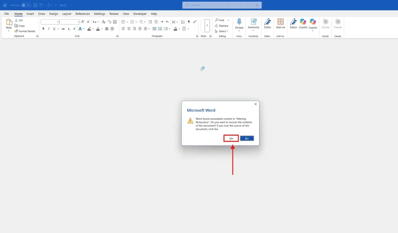 Word found unreadable content message with the Yes button highlighted to recover the document