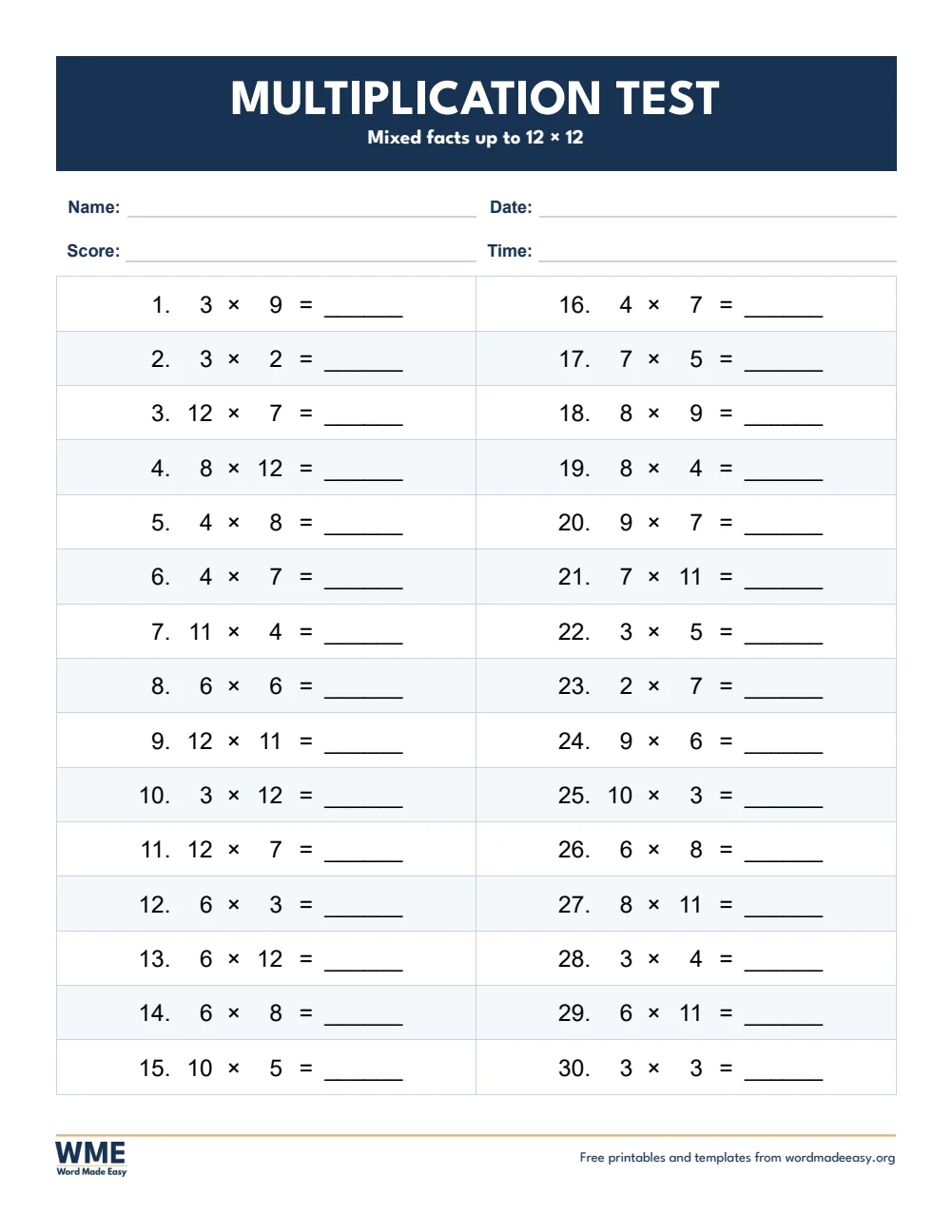 Typing Multiplication Game Free Multiplication Worksheets for Word: Times Tables Tests and Practice