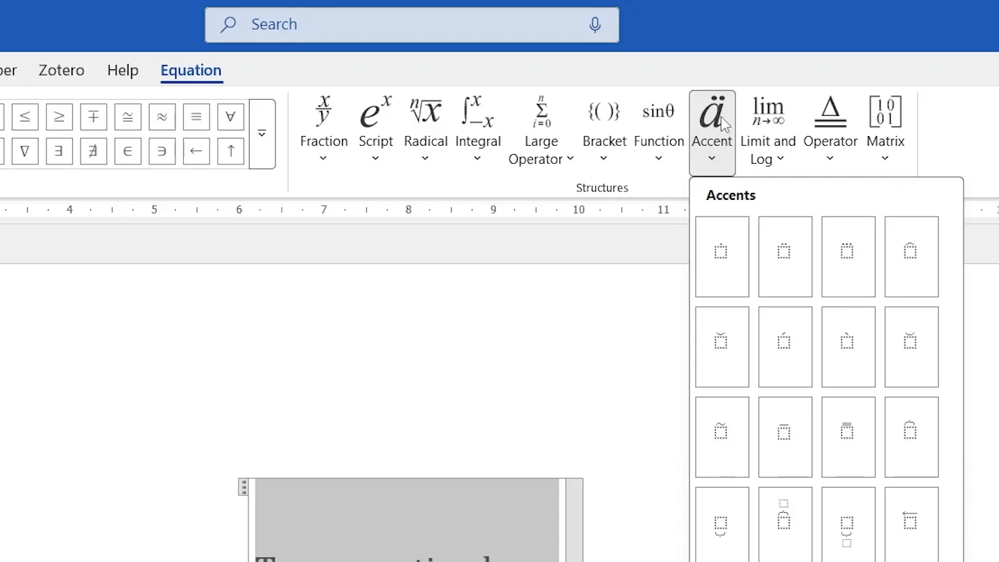 Accent button on the Word Equation tab with the Accent menu open
