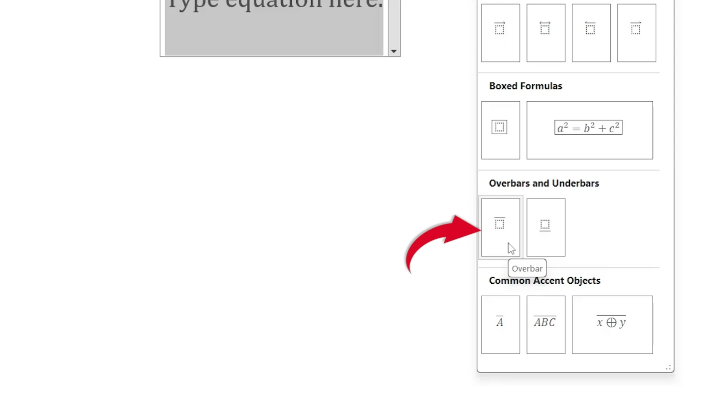 Overbar in the Overbars and Underbars section of the Accent menu