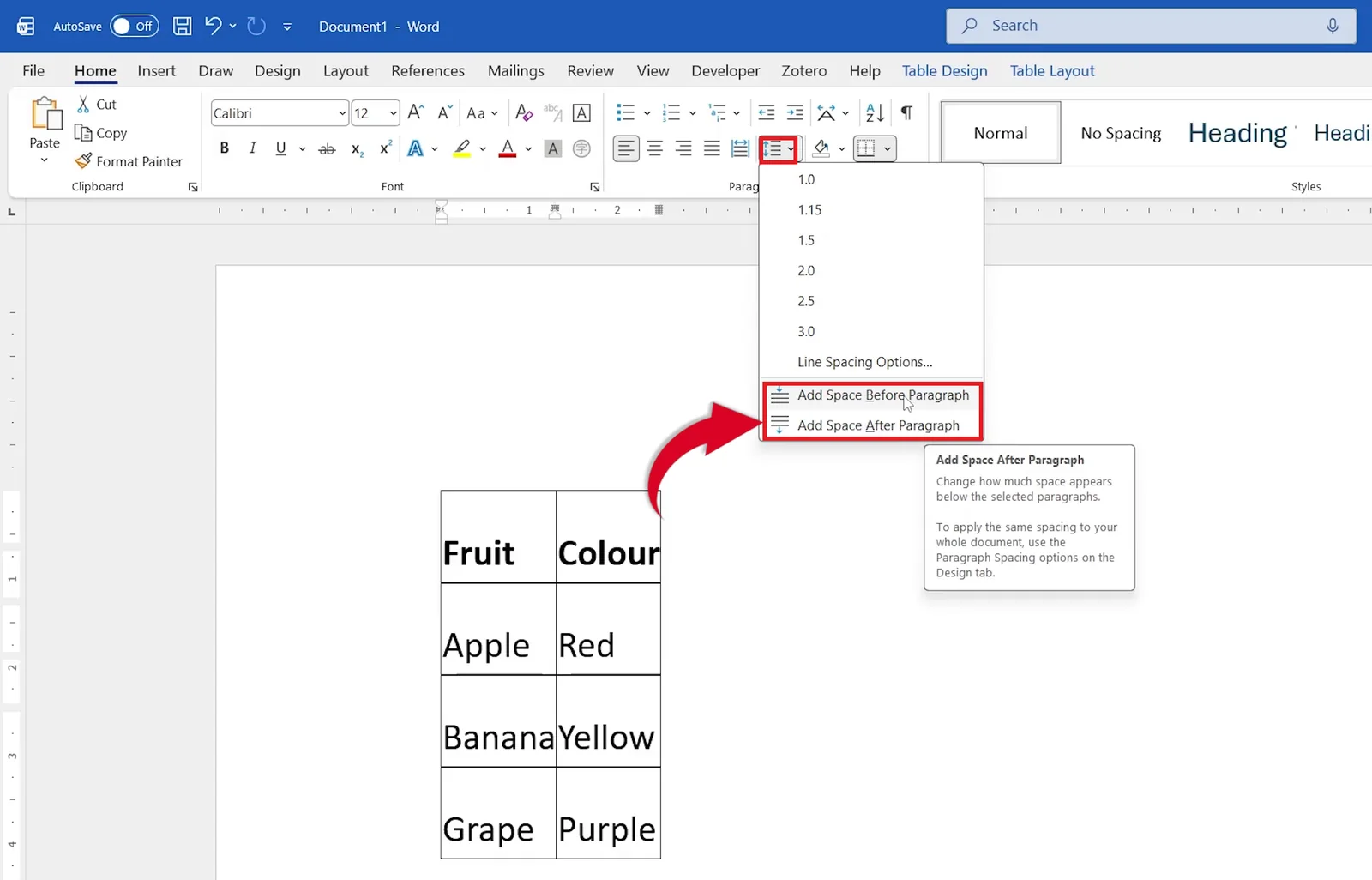 Line and Paragraph Spacing menu on the Home tab, used to remove margins inside table cells in Word