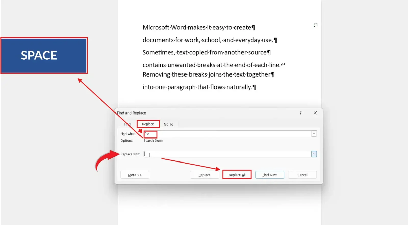 Convert lines into one paragraph in Word: Find and Replace with ^p in Find what and a space in Replace with