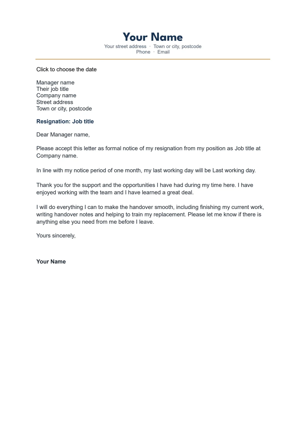Resignation letter template for Word: standard resignation letter with notice period on A4