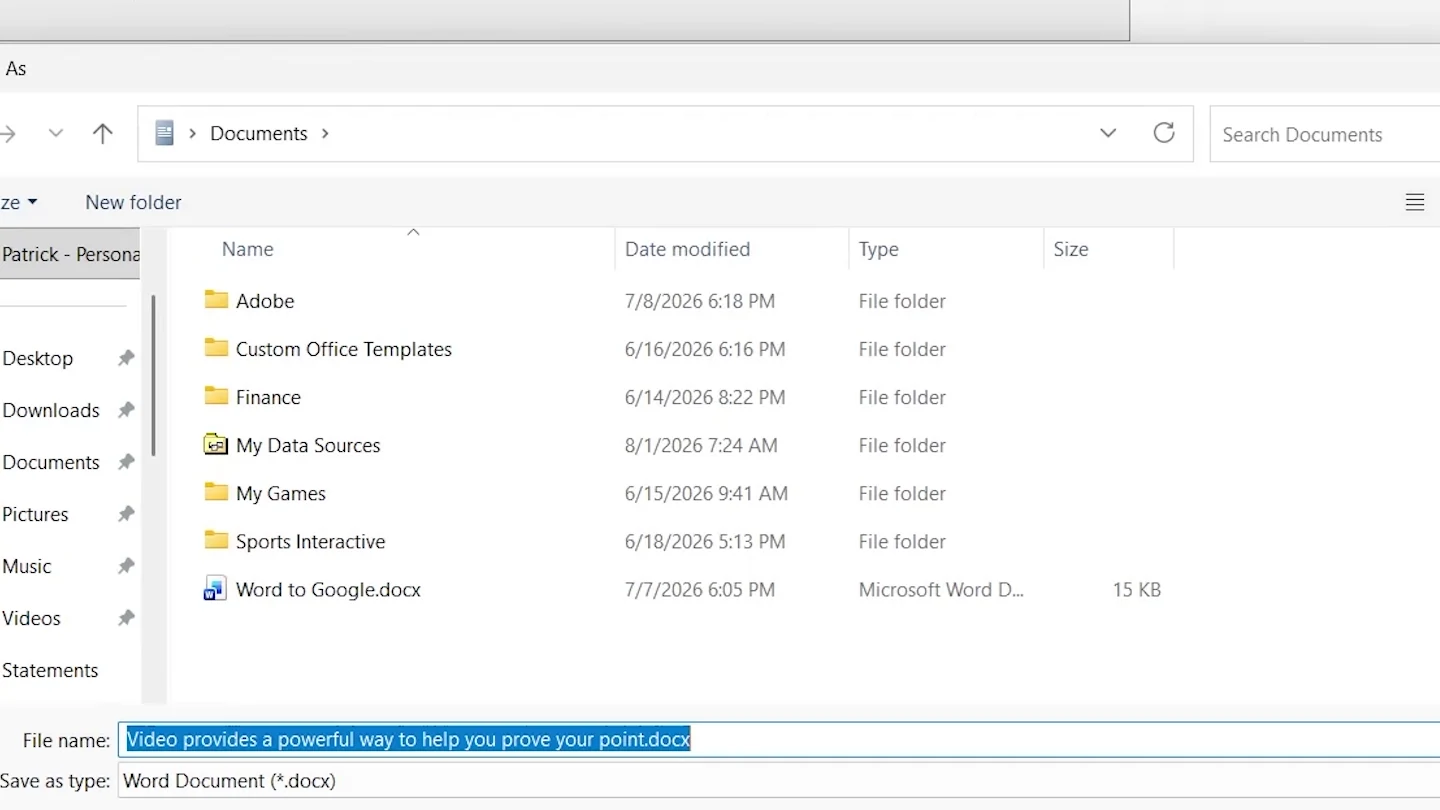Save As window opened from Browse in Word