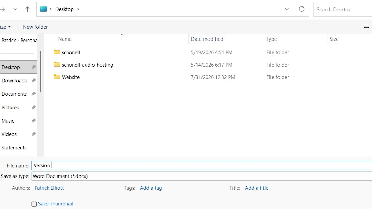 File name typed in the Word Save As window