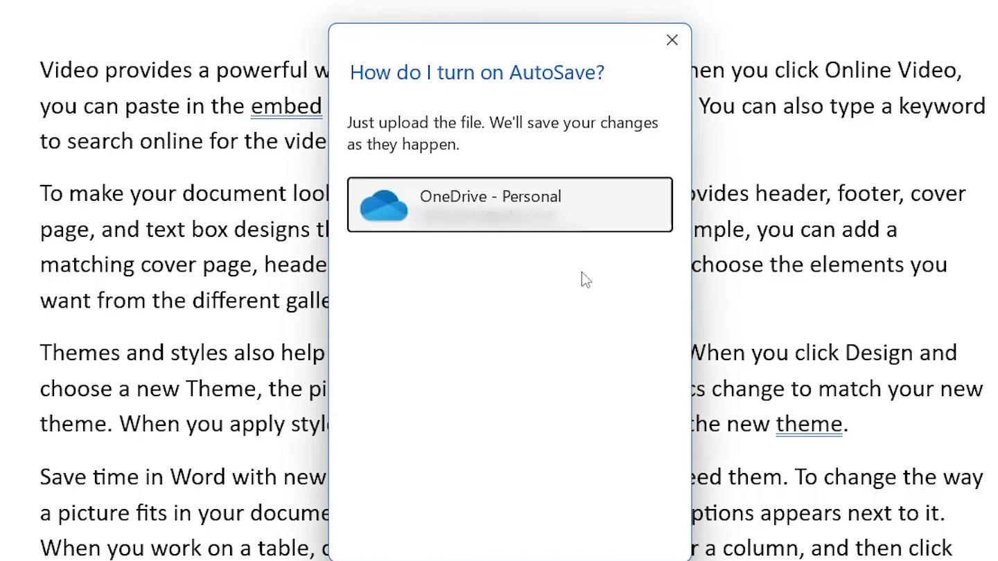 Turn on AutoSave prompt in Word asking for a OneDrive account