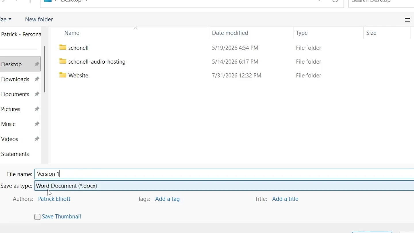 Save as type set to Word Document in the Save As window