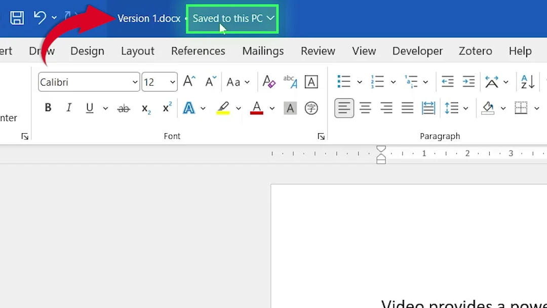 Word title bar showing Saved to this PC