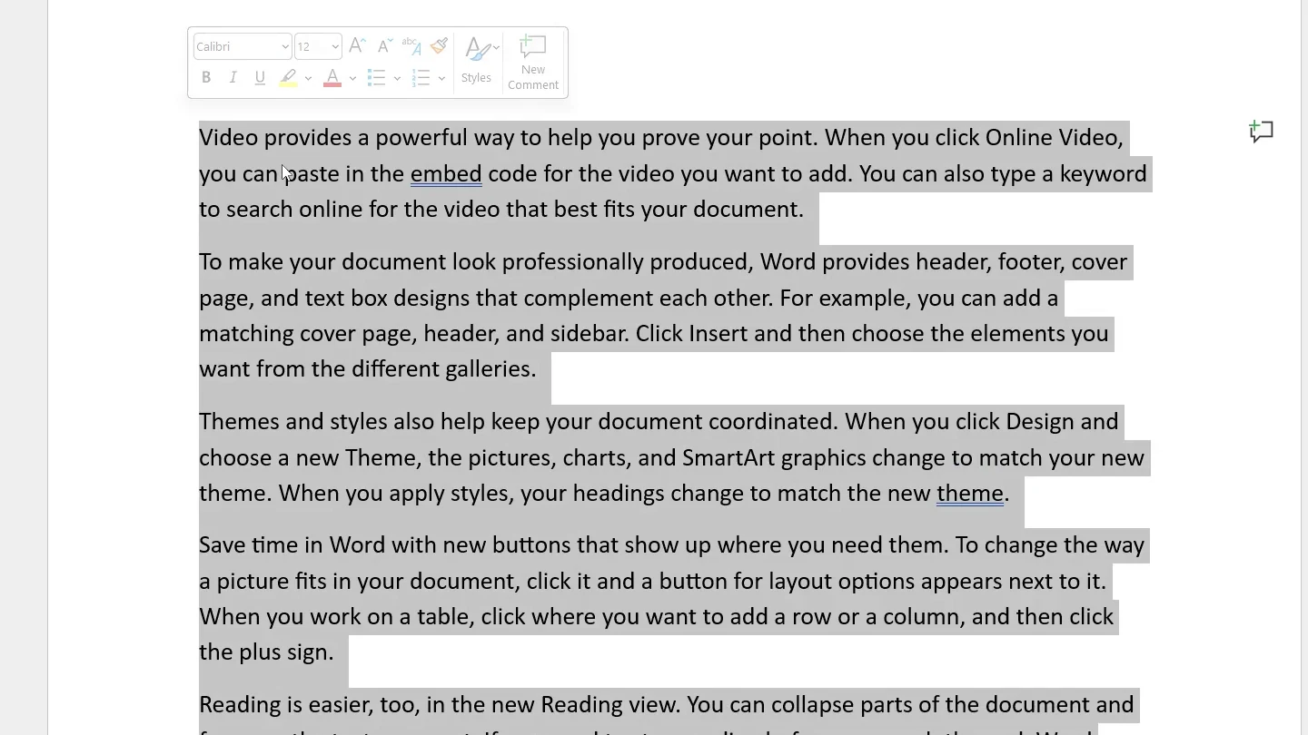 Text selected in Word by clicking and dragging