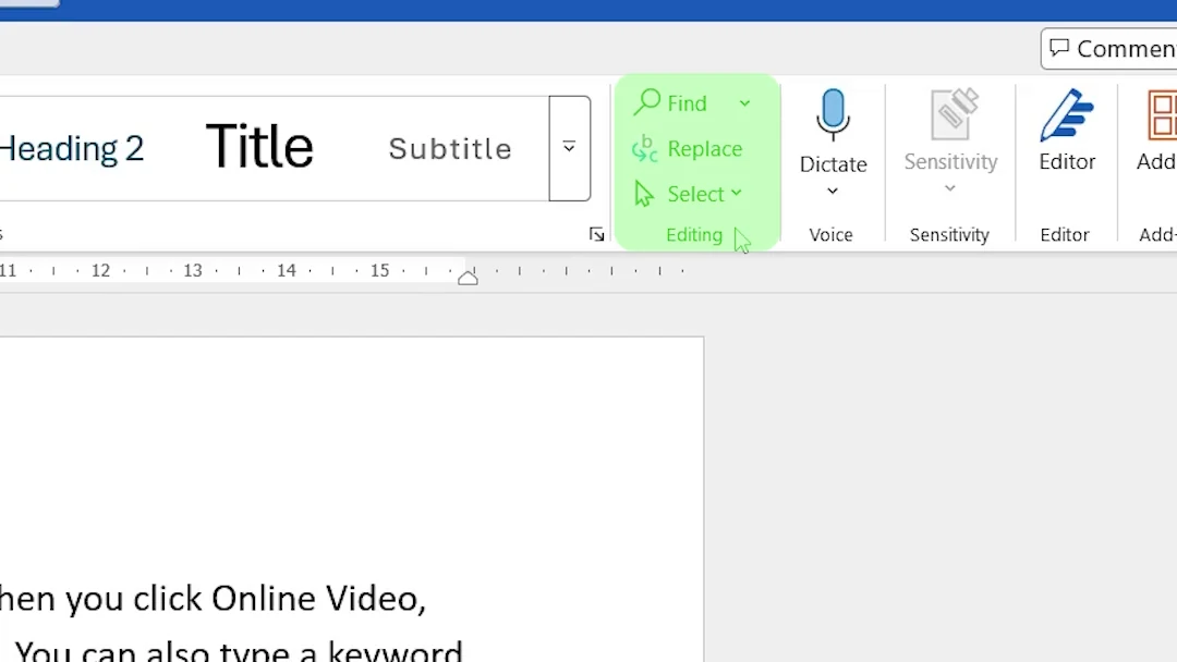 Editing group on the Word Home tab