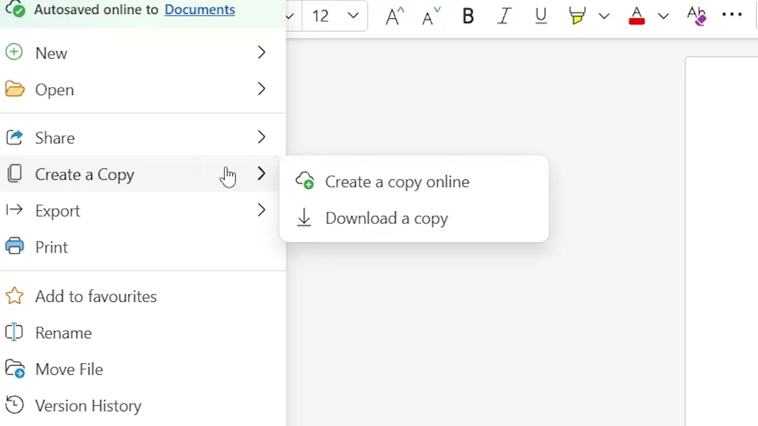 Word for the web File menu with Create a Copy and Download a copy
