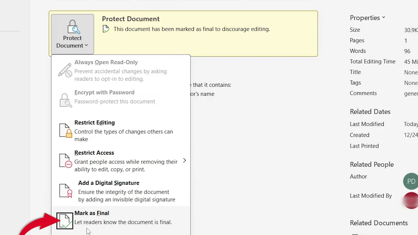 Protect Document menu in Word with Mark as Final selected