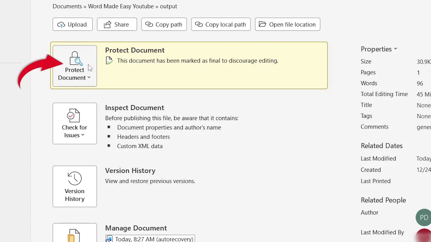 Protect Document on the Word File Info page