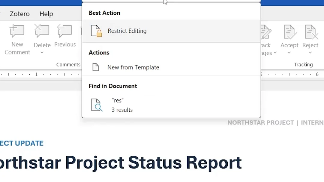 Word Search box showing Restrict Editing as the best action