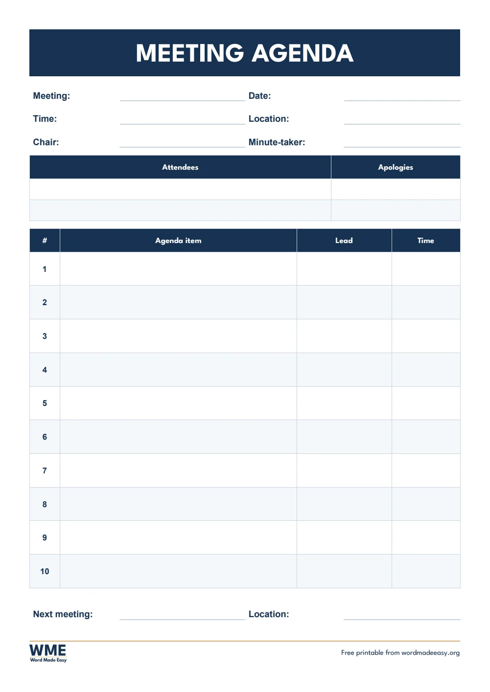 Meeting agenda template for Word: standard agenda with attendees and numbered items on A4