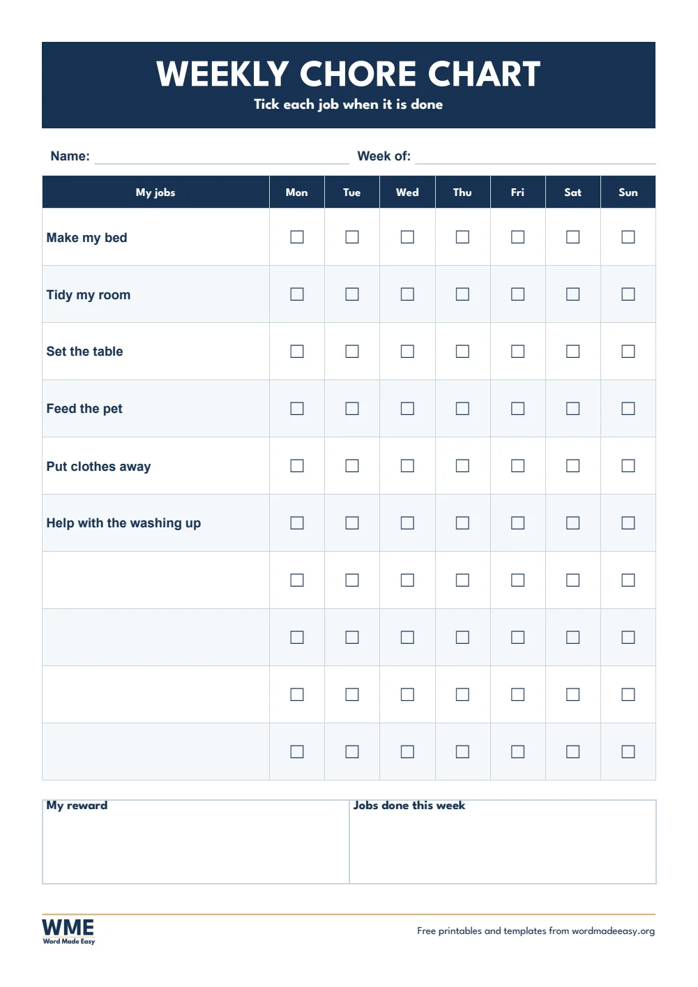 Chore chart for Word: weekly chore chart for kids with tick boxes for each day on A4