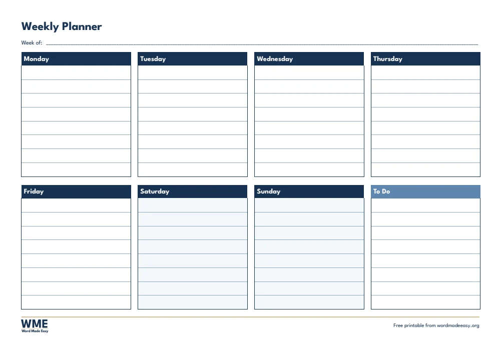 Weekly planner template for Word: seven day boxes and a to-do list on A4