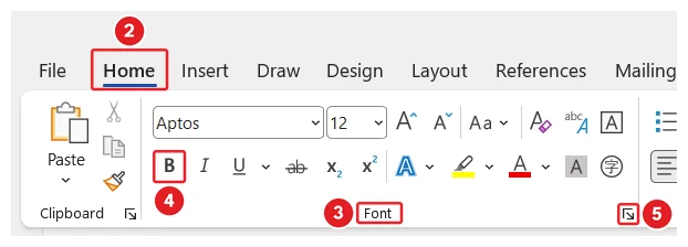The Microsoft Word ribbon explained: The Home tab of the ribbon. The Home tab is marked 2, the Font group name is marked 3, the Bold button is marked 4 and the dialog box launcher in the corner of the Font group is marked 5.