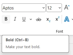 Example of a ScreenTip in Microsoft Word: A small box under the Bold button that names the button, shows its shortcut Ctrl+B and explains what it does.