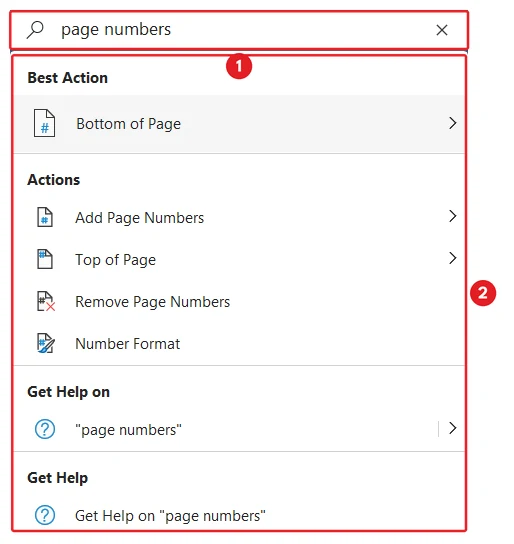 The Search box in the Microsoft Word title bar marked 1, with the words page numbers typed in it and a list of results below, marked 2.