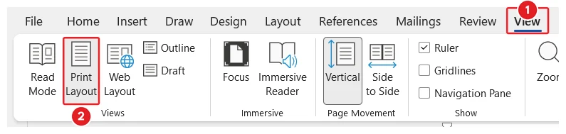 The View tab of the Microsoft Word ribbon. The View tab is marked 1 and the Print Layout button in the Views group is marked 2.