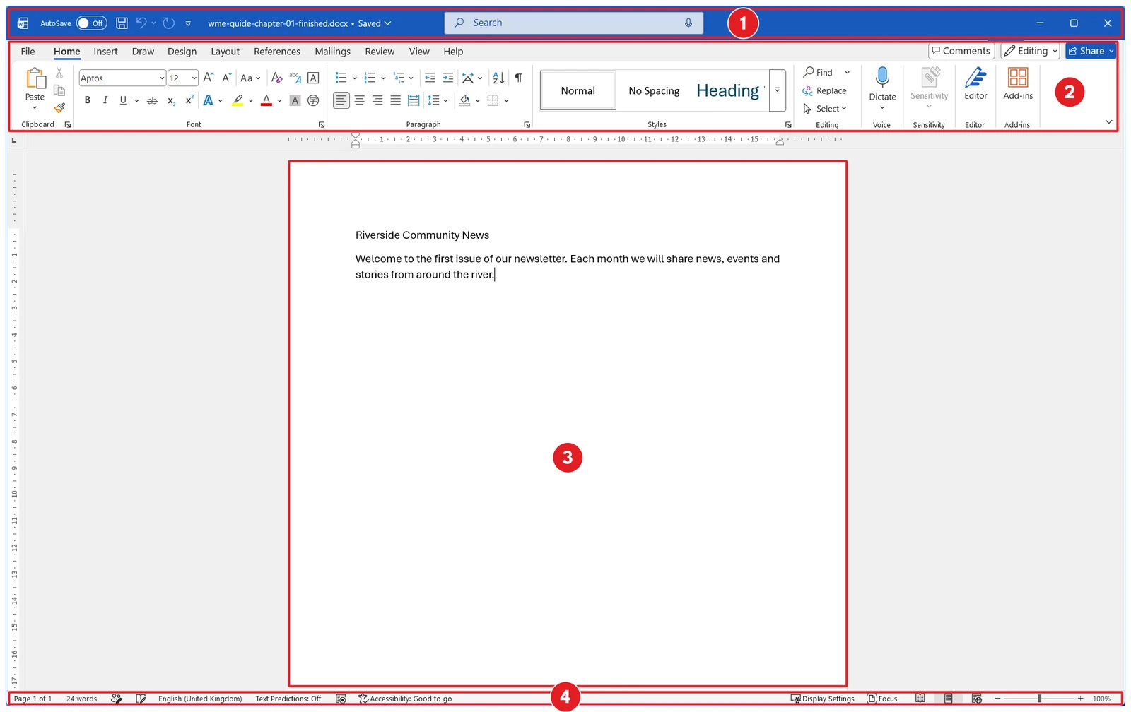 The whole Microsoft Word window with a short newsletter on the page. The title bar is marked 1, the ribbon 2, the page 3 and the status bar 4.
