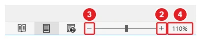 The right end of the Microsoft Word status bar. The plus button is marked 2, the minus button is marked 3 and the zoom percentage is marked 4.