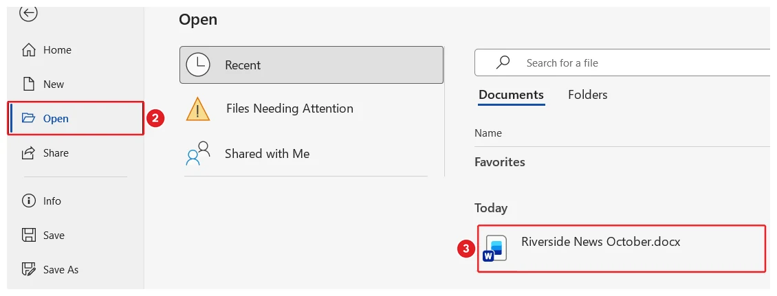 The Open screen in Microsoft Word. The Open command is marked 2 and a document named Riverside News October in the Recent list is marked 3.