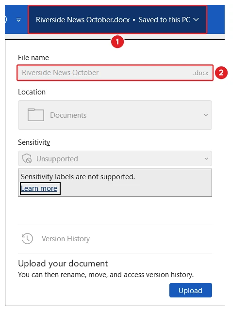 The panel that drops down when you click the document name in the Microsoft Word title bar. The name in the title bar is marked 1 and the File name box is marked 2. Below them, a line shows the location of the file.