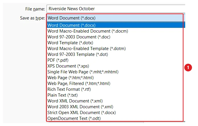 The Save as type list in the Microsoft Word Save As window, open to show Word Document (*.docx), PDF (*.pdf) and Word 97-2003 Document (*.doc). The list is marked 1.