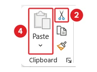 The Clipboard group on the Home tab in Microsoft Word. The Cut button is marked 2 and the Paste button is marked 4. The Copy button sits below Cut.