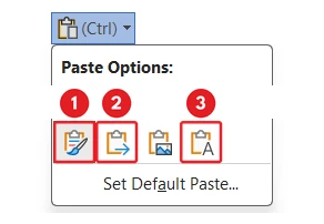 The Paste Options menu in Microsoft Word after pasting text. Keep Source Formatting is marked 1, Merge Formatting is marked 2 and Keep Text Only is marked 3.