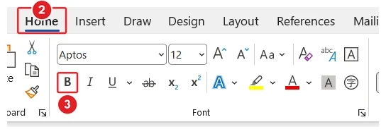 Making text bold in Microsoft Word: The Home tab is marked 2 and the Bold button in the Font group is marked 3.