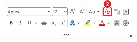 The Font group on the Home tab in Microsoft Word: The Clear All Formatting button is marked 2.