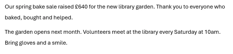 Example in Microsoft Word: The two story paragraphs now have 1.5 line spacing, with wider gaps between the lines.