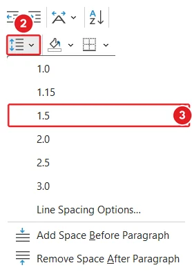 The Line and Paragraph Spacing menu on the Home tab in Microsoft Word: The button is marked 2 and the 1.5 option is marked 3.