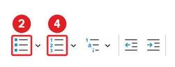The Paragraph group on the Home tab in Microsoft Word: The Bullets button is marked 2 and the Numbering button is marked 4.
