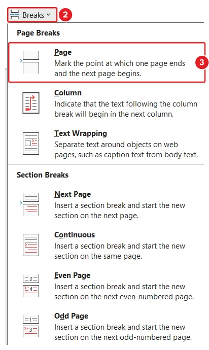 The Breaks menu on the Layout tab in Microsoft Word: The Breaks button is marked 2 and the Page option under Page Breaks is marked 3. Section Breaks are listed lower down.