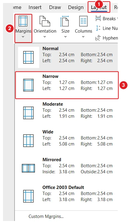 The Margins menu on the Layout tab in Microsoft Word: The Layout tab is marked 1, the Margins button is marked 2 and the Narrow option is marked 3.