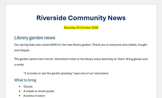Example of margins and orientation in Word: The newsletter page with Narrow margins, so the text runs close to the edges of the paper.
