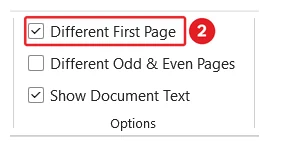 The Options group on the Header and Footer tab in Microsoft Word, with the Different First Page box marked 2 and ticked.